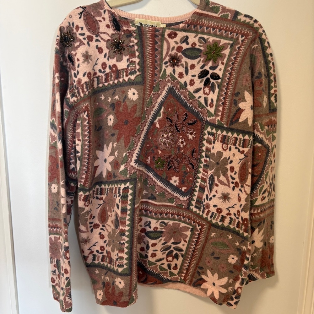Magnolia floral print patchwork sequin wool angora blend sweater size soft fuzzy